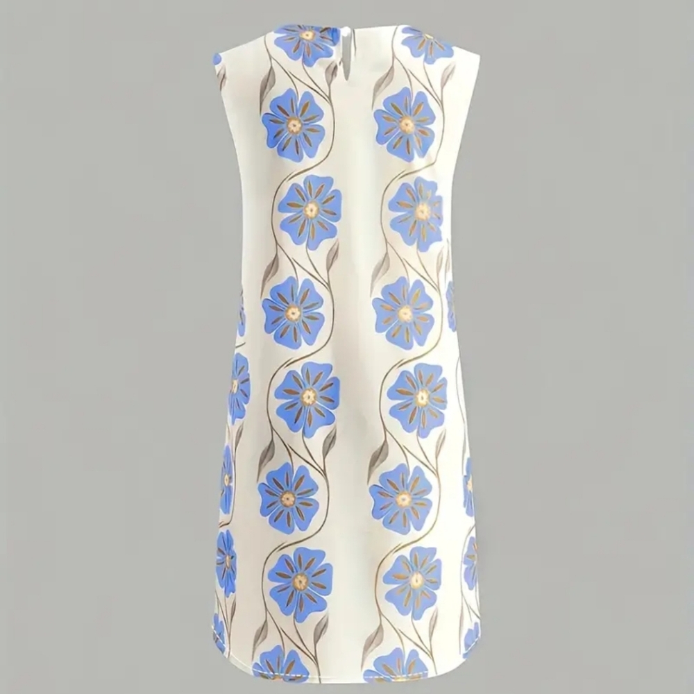 Women's Sleeveless Floral Print Beach Vacation Dress - Round Neck Fitted Summer - Picture 4 of 5